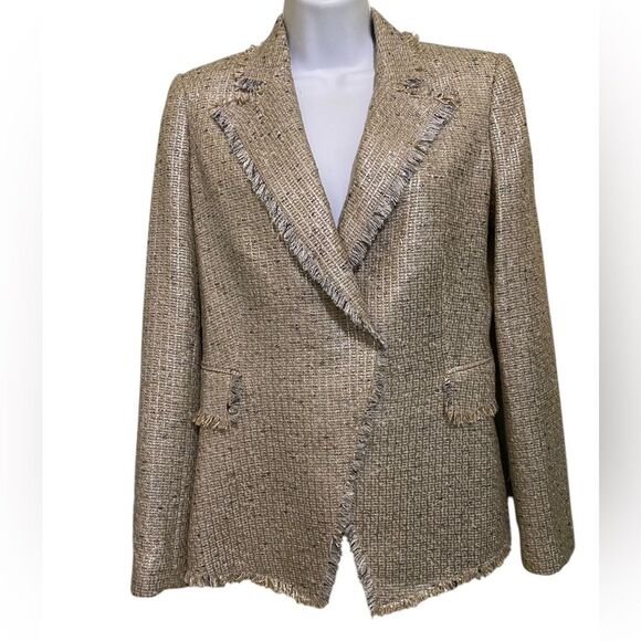 ELIE TAHARI Jezebel SZ 4 Tweed Jacket Beige Champagne Edge English Countryside - Picture 6 of 14